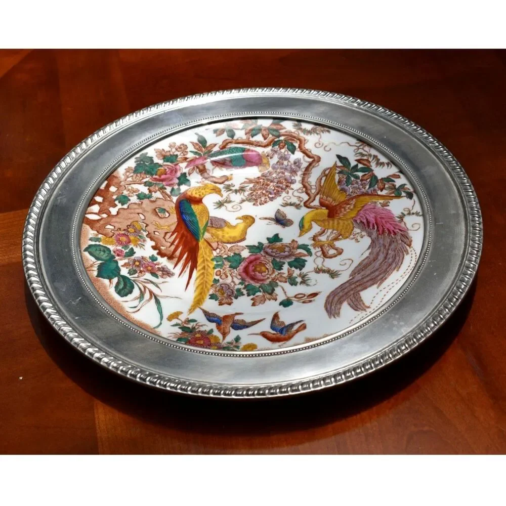 Royal Crown Derby Olde Avesbury Charger w/ Sterling Silver Rim Birds Pattern